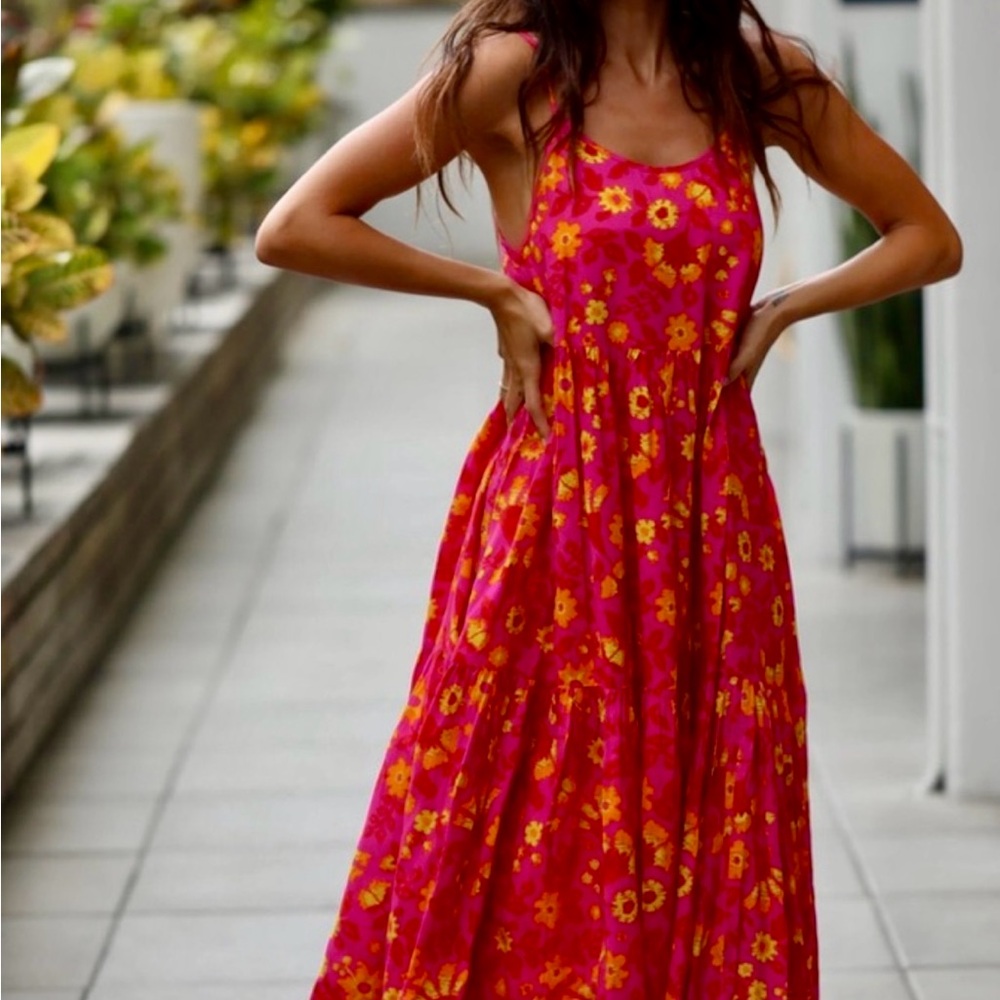 XIX Palms Floral Pink and Yellow Tiered Maxi Dress sz M